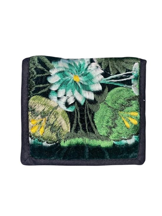 Hand Crafted Handbags - Embroidered floral wallet, handmade, green flower embroidered black, new